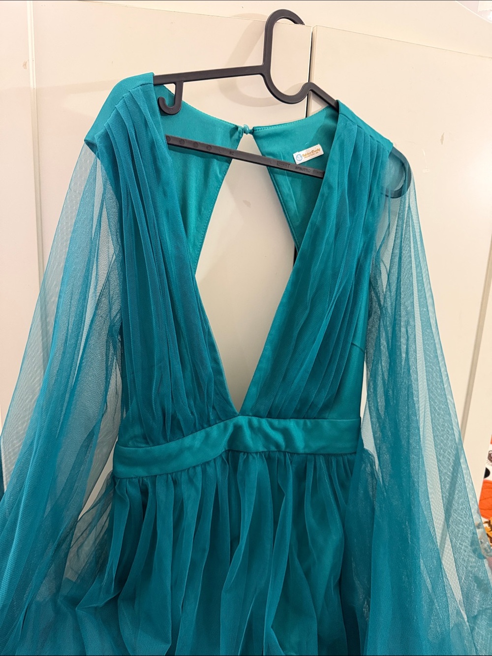 Rubber Duck Productions Inc Teal Plunge-Back Tulle Evening Dress
